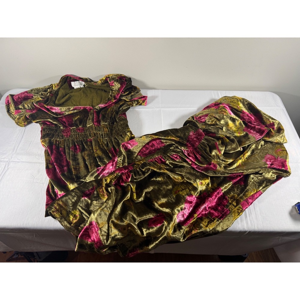 Anthropologie Velvet Floral Maxi Dress Olive Pink Smocked Waist Size Small